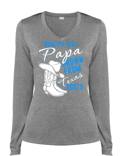 World's Best Papa T Shirt, Grown From Texas Roots T Shirt, Cool Shirt (Ladies LS Heather V-Neck)