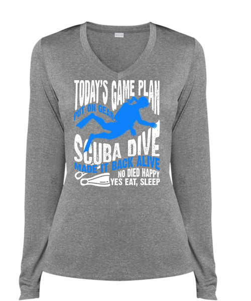 Today's Game Plan T Shirt, Put On Gear Scuba Dive T Shirt, Cool Shirt (Ladies LS Heather V-Neck)