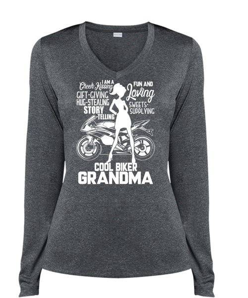 Cool Biker Grandma T Shirt, Being A Biker T Shirt, Cool Shirt (Ladies LS Heather V-Neck)