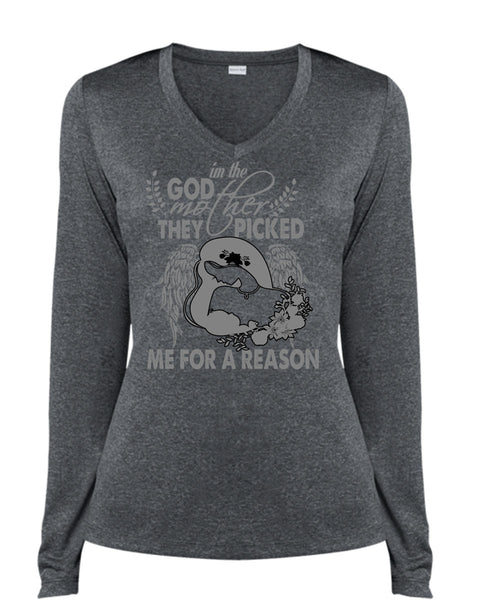 I'm The Godmother T Shirt, They Picked Me For A Reason T Shirt, Cool Shirt (Ladies LS Heather V-Neck)