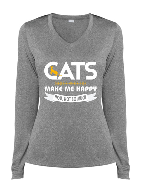 Cat Make Me Happy T Shirt, I Love Cat T Shirt, My Pets T Shirt (Ladies LS Heather V-Neck)