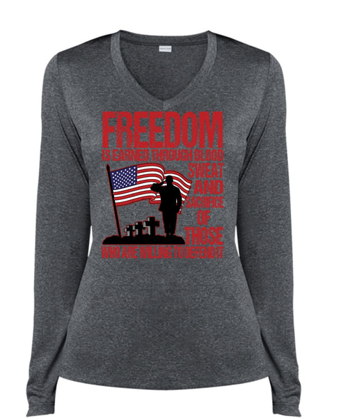 Freedom Is Earned T Shirt, Being A Veteran T Shirt, Cool Shirt (Ladies LS Heather V-Neck)