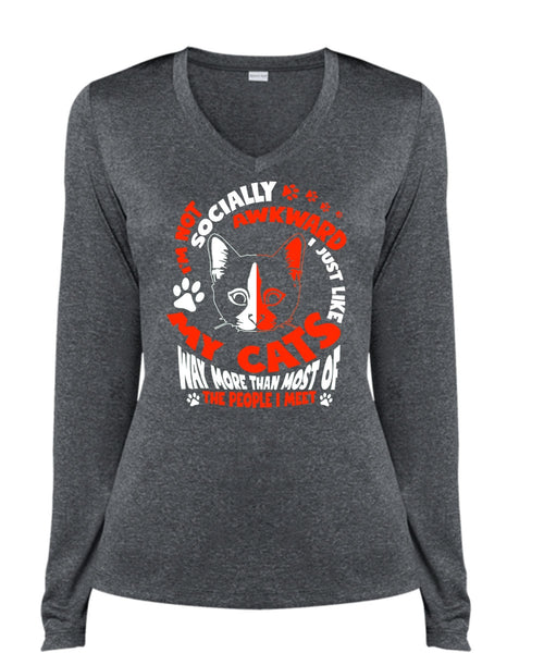 I Just Like My Cats T Shirt, I'm Not Socially Awkward T Shirt, Cool Shirt (Ladies LS Heather V-Neck)