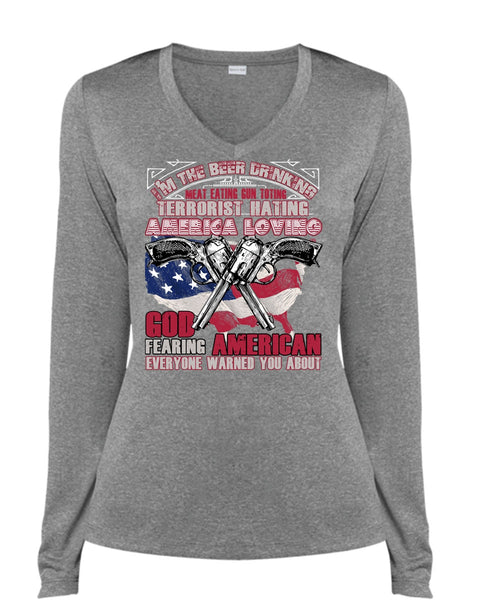 God Fearing American T Shirt, Being A Veteran T Shirt, Cool Shirt (Ladies LS Heather V-Neck)