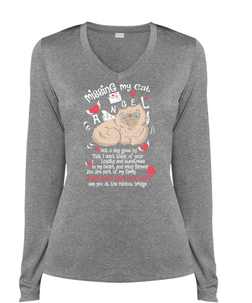 Missing My Cat Angel T Shirt, I Miss You And Love You T Shirt, Cool Shirt (Ladies LS Heather V-Neck)