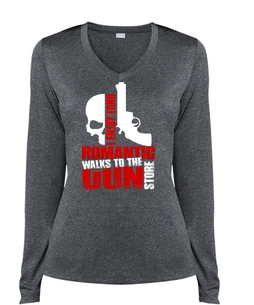 Walks To The Gun Store T Shirt, I Love Gun T Shirt, Cool Shirt (Ladies LS Heather V-Neck)