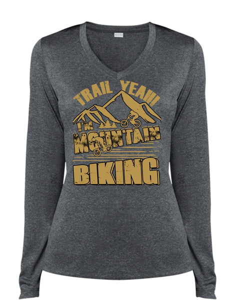 I'm Mountain Biking T Shirt, Being A Biker T Shirt, Cool Shirt (Ladies LS Heather V-Neck)