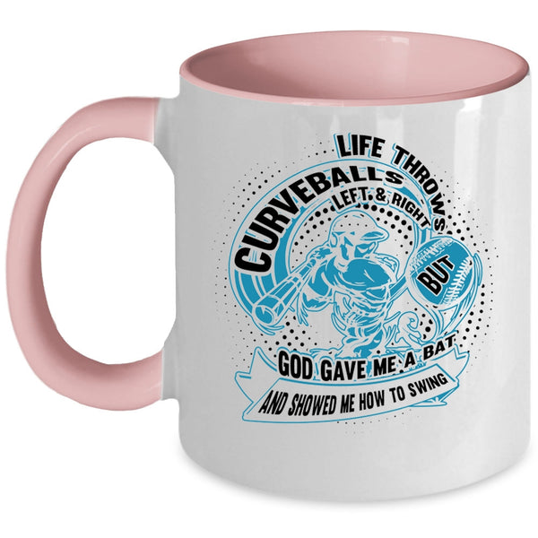 Funny Baseball Player Coffee Mug, Life Throws Curveballs Left And Right Accent Mug