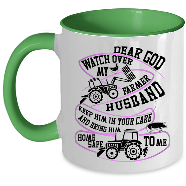 Cool Farmer Husband Coffee Mug, Watch Over My Farmer Husband Accent Mug