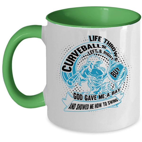 Funny Baseball Player Coffee Mug, Life Throws Curveballs Left And Right Accent Mug