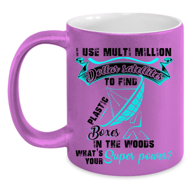 Funny Geocaching Coffee Mug, Plastic Boxes In The Woods Accent Mug