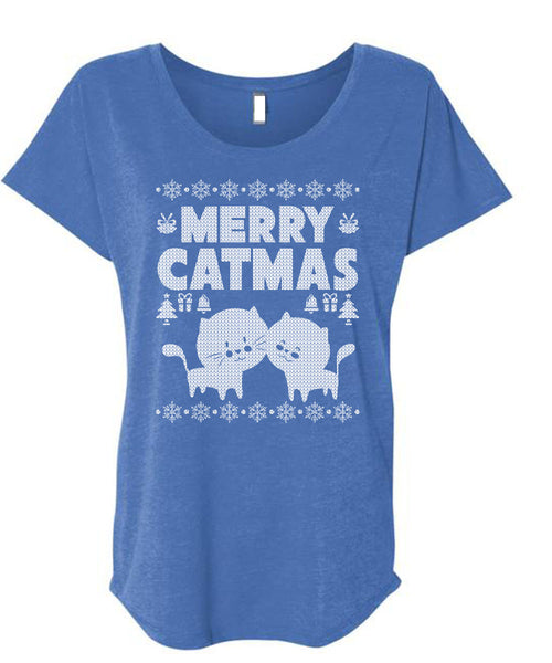 Merry Catmas T Shirt, Funny Winter T Shirt, Cool Shirt (Ladies' Triblend Dolman Sleeve)