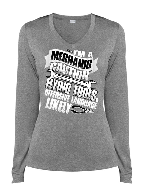 I'm A Mechanic T Shirt, Flying Tools T Shirt, Cool Shirt (Ladies LS Heather V-Neck)