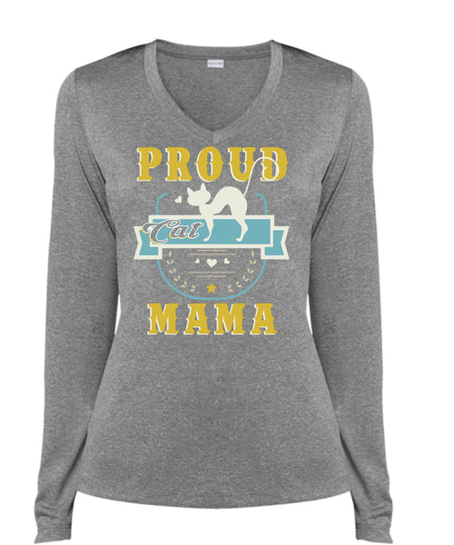 Proud Cat Mama T Shirt, I Love My Cat T Shirt, Cool Shirt (Ladies LS Heather V-Neck)
