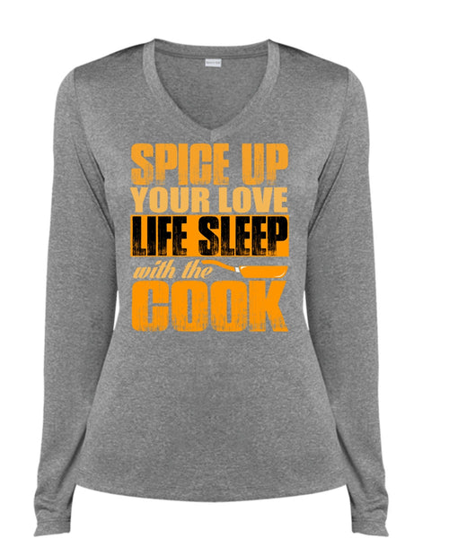 Life Sleep With The Cook T Shirt, Being A Chef T Shirt, Cool Shirt (Ladies LS Heather V-Neck)