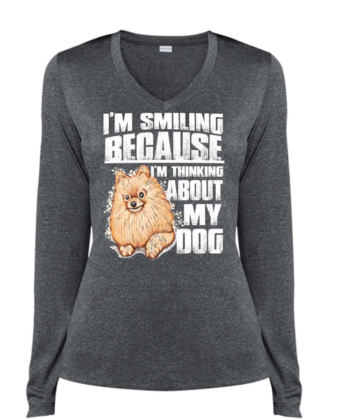 I'm Thinking About My Dog T Shirt, I'm Smiling T Shirt, Cool Shirt (Ladies LS Heather V-Neck)