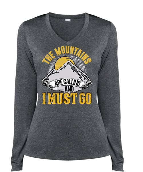The Mountains Are Calling T Shirt, I Must Go T Shirt, Cool Shirt (Ladies LS Heather V-Neck)