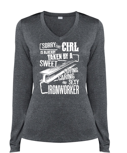 Loving Caring Ironworker T Shirt, Being An Ironworker T Shirt, Cool Shirt (Ladies LS Heather V-Neck)