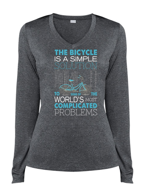 The Bicycle Is A Simple Solution T Shirt, The World's Most Complicated Problems T Shirt (Ladies LS Heather V-Neck)