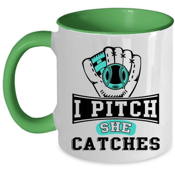 Awesome Softball Player Coffee Mug, I Pitch She Catches Accent Mug