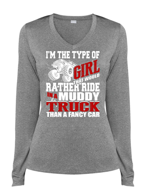 Ride In A Muddy Truck T Shirt, Fancy Car T Shirt, Cool Shirt (Ladies LS Heather V-Neck)
