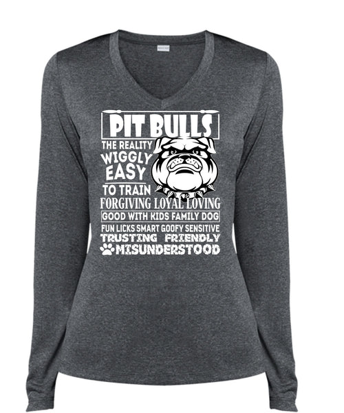 Pit Bulls The Reality Wiggly Easy T Shirt, Good With Kids Family Dog T Shirt, Cool Shirt (Ladies LS Heather V-Neck)