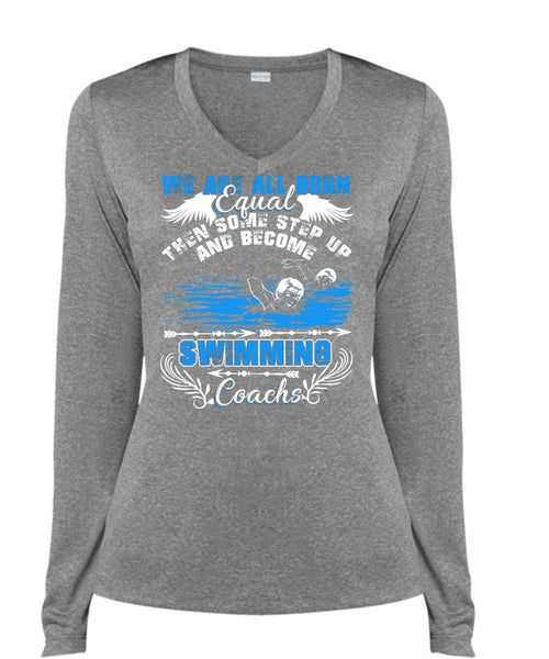 Become Swimming Coach T Shirt, I Love Swimming T Shirt, Cool Shirt (Ladies LS Heather V-Neck)