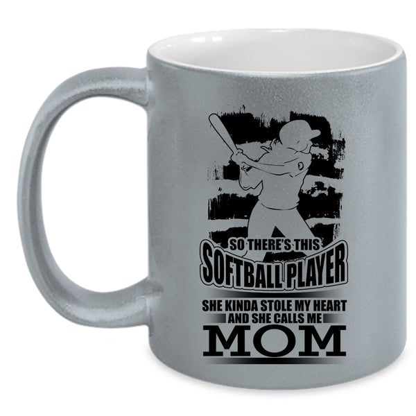She Calls Me Mom Coffee Mug, This Softball Player Kinda Stole My Heart Accent Mug