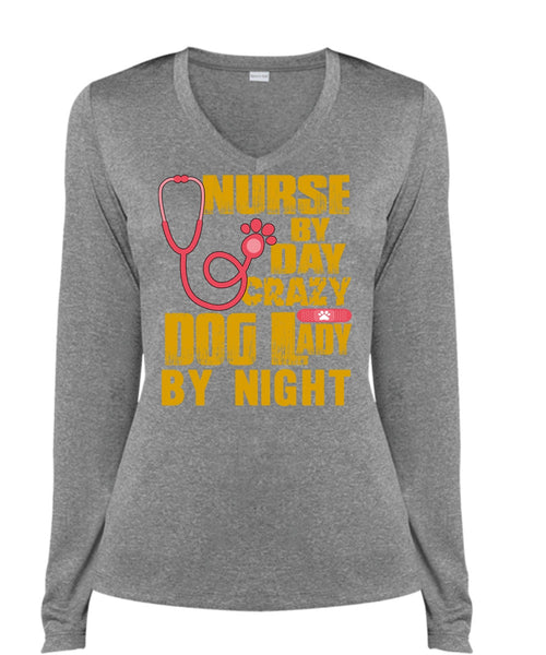 Nurse By Day T Shirt, Crazy Dog Lady By Night T Shirt, Cool Shirt (Ladies LS Heather V-Neck)