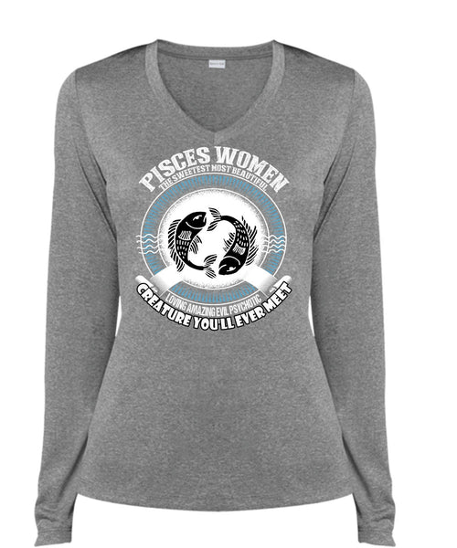 Pisces Women The Sweetest T Shirt, Loving Amazing T Shirt, Cool Shirt (Ladies LS Heather V-Neck)