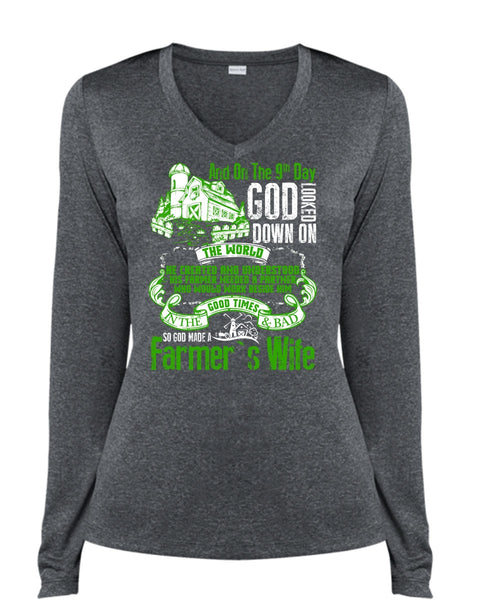 God Made A Farmer's Wife T Shirt, Being A Farmer T Shirt, Cool Shirt (Ladies LS Heather V-Neck)