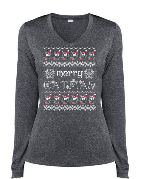 Merry Catmas T Shirt, This Girl Loves Christmas T Shirt, Cool Shirt (Ladies LS Heather V-Neck)