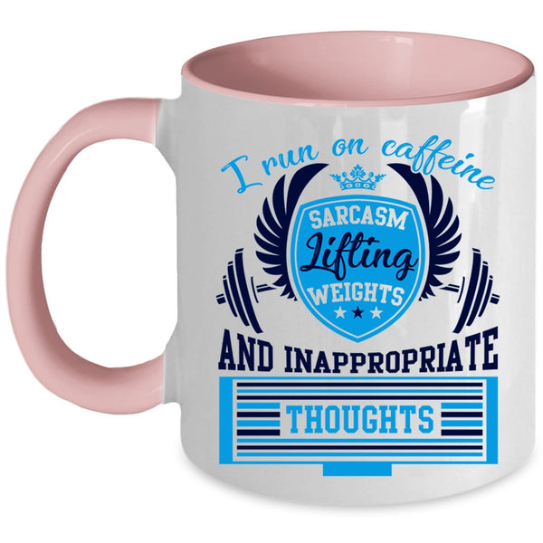 Lifting Weights Coffee Mug, I Run On Caffeine Sarcasm Accent Mug