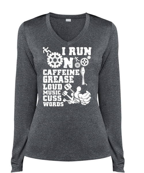 I Run On Caffeine T Shirt, Being A Mechanic T Shirt, Cool Shirt (Ladies LS Heather V-Neck)
