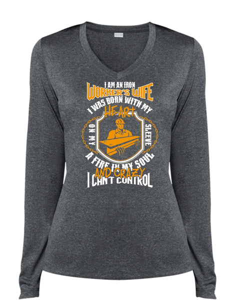 I Am An Ironworker's Wife T Shirt, I Can't Control T Shirt, Cool Shirt (Ladies LS Heather V-Neck)