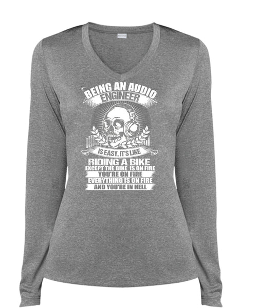 Being An Audio Engineer T Shirt, Riding A Bike T Shirt, Cool Shirt (Ladies LS Heather V-Neck)