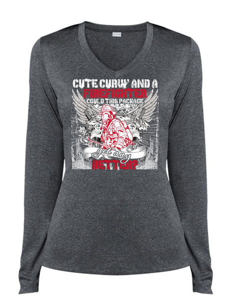 Cute Curvy And A Firefighter T Shirt, Being A Firefighter T Shirt, Cool Shirt (Ladies LS Heather V-Neck)