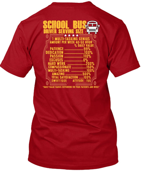 School Bus Driver Serving Size T Shirt, Being A Bus Driver T Shirt