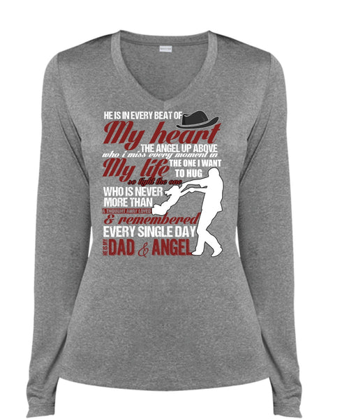 He Is My Dad And Angel T Shirt, My Heart T Shirt, Cool Shirt (Ladies LS Heather V-Neck)