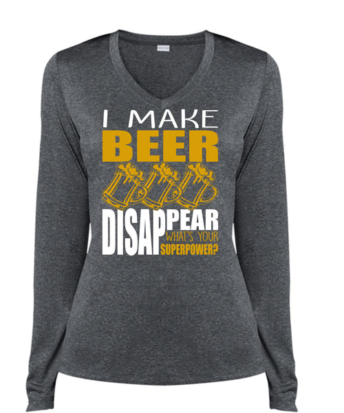 I Make Beer Disappear T Shirt, Being A Beer Drinker T Shirt, Cool Shirt (Ladies LS Heather V-Neck)