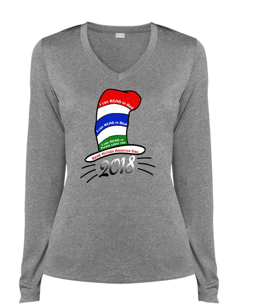Dr. Seuss T Shirt, I Can Read In Red T Shirt, The Cat in the Hat T Shirt, I Can Read In Blue T Shirt, Cool Shirt (Ladies LS Heather V-Neck)