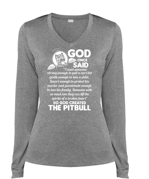 God Created The Pit Bull T Shirt, Smart Enough To Protect T Shirt, Cool Shirt (Ladies LS Heather V-Neck)