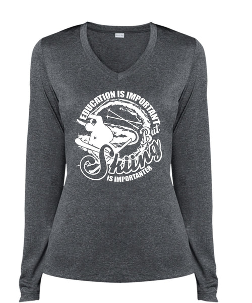 Education Is Important T Shirt, Skiing Is Importanter T Shirt, Cool Shirt (Ladies LS Heather V-Neck)