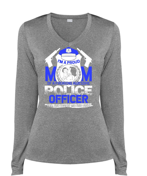 I'm A Proud Mom T Shirt, Awesome Police Officer T Shirt, Cool Shirt (Ladies LS Heather V-Neck)
