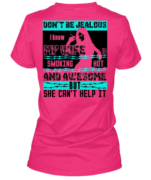 I Know My Wife T Shirt, She Can't Help It T Shirt, Cool Shirt (Ladies LS Heather V-Neck)