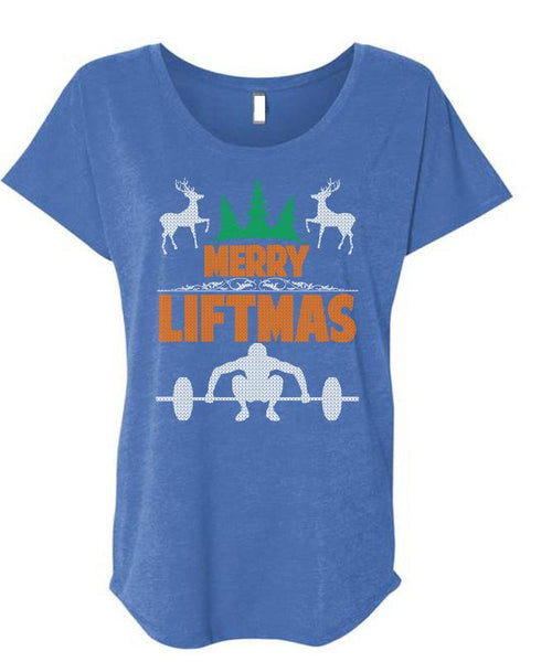 Merry Liftmas T Shirt, I Love Christmas T Shirt, Cool Shirt (Ladies' Triblend Dolman Sleeve)
