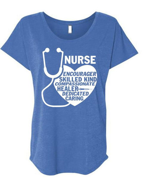 Nurse Encourager Skilled Kind T Shirt, Healer Dedicated Caring T Shirt, Cool Shirt (Ladies' Triblend Dolman Sleeve)