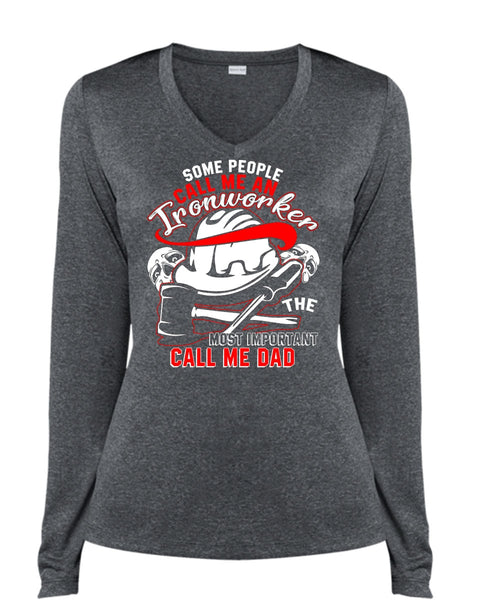 Call Me An Ironworker T Shirt, Call Me Dad T Shirt, Cool Shirt (Ladies LS Heather V-Neck)