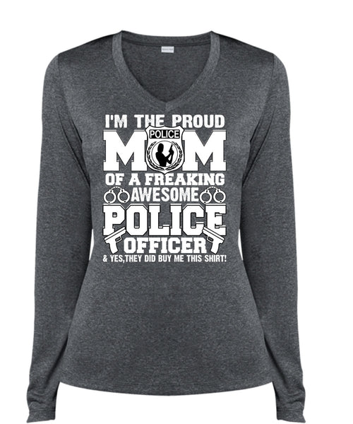 I'm The Proud Police Mom T Shirt, I Love Police T Shirt, Cool Shirt (Ladies LS Heather V-Neck)