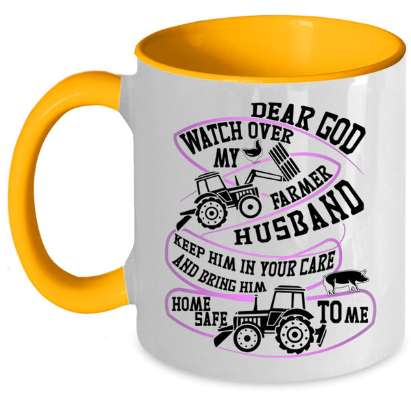 Cool Farmer Husband Coffee Mug, Watch Over My Farmer Husband Accent Mug